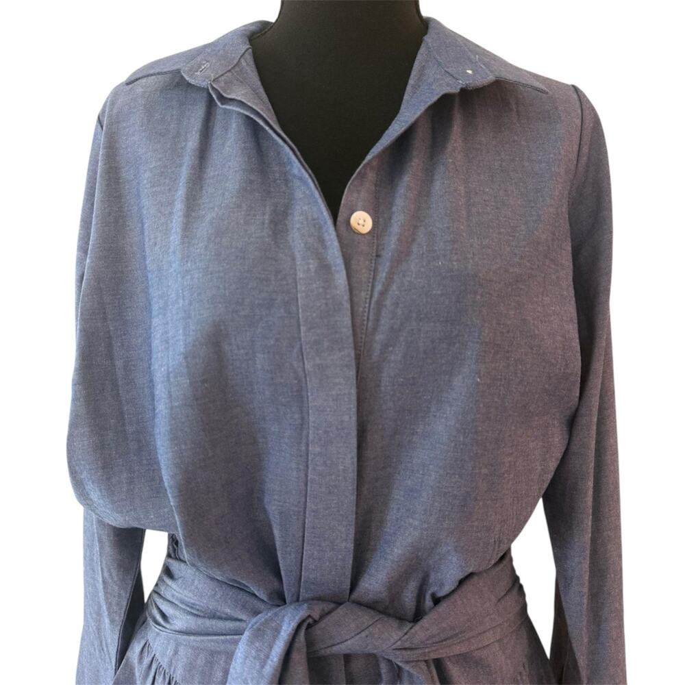 Gretchen Scott Breezy Blouson Chambray Blue Tie Waist Pockets Shirt Dress M - Picture 4 of 12
